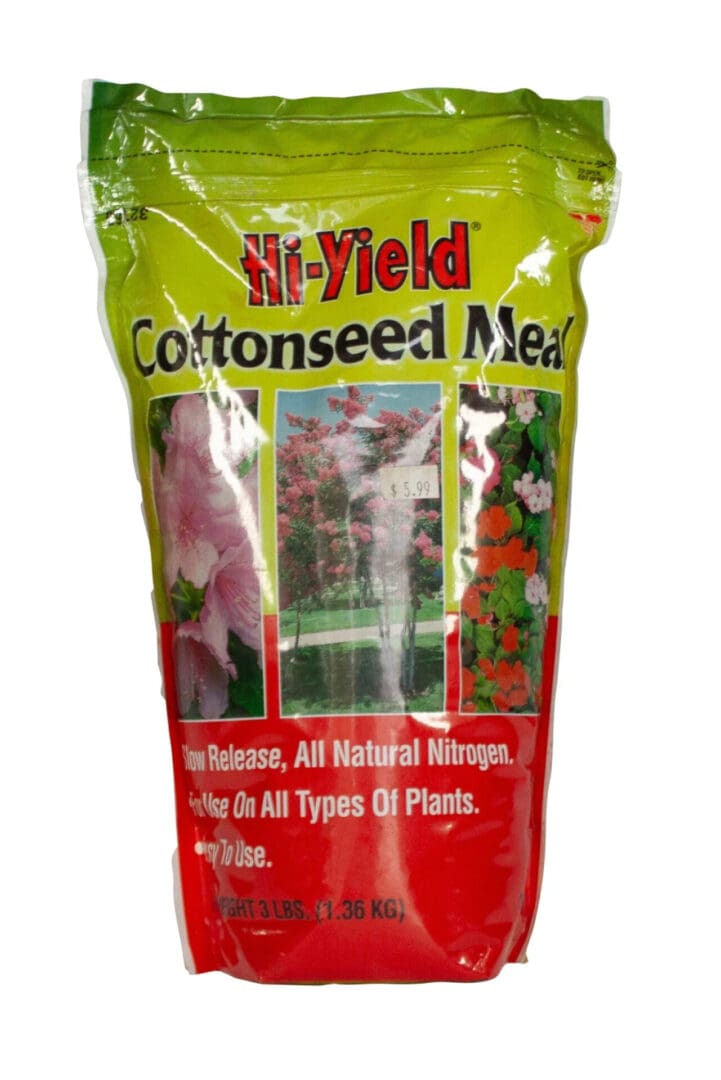 Bag of Hi-Yield Cottonseed Meal fertilizer for plants.