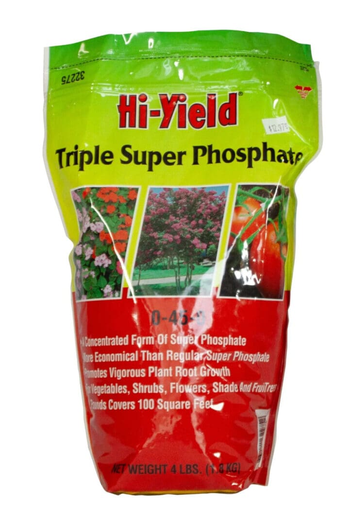 A bag of Hi-Yield Triple Super Phosphate fertilizer for plants.