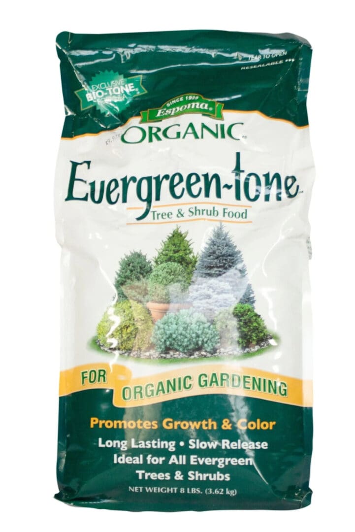 Bag of organic Evergreen-tone soil amendment for gardening.