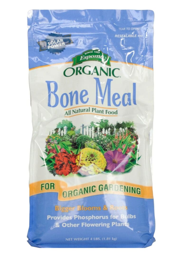 Bag of organic bone meal fertilizer for gardening.