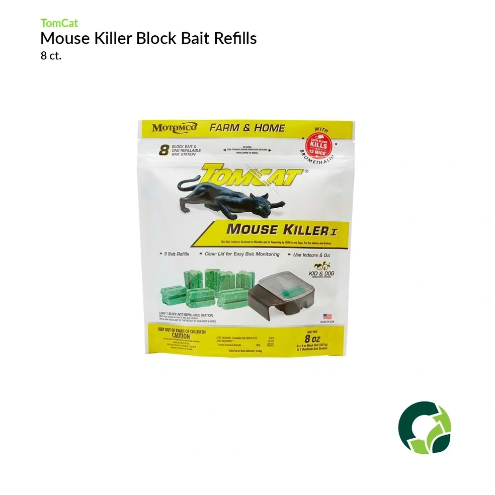 Box of mouse killer block bait refills with green bait blocks.