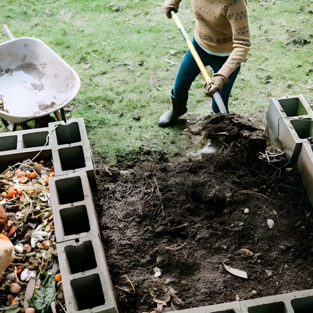 Person shoveling soil into a raised garden bed made of cinder blocks.